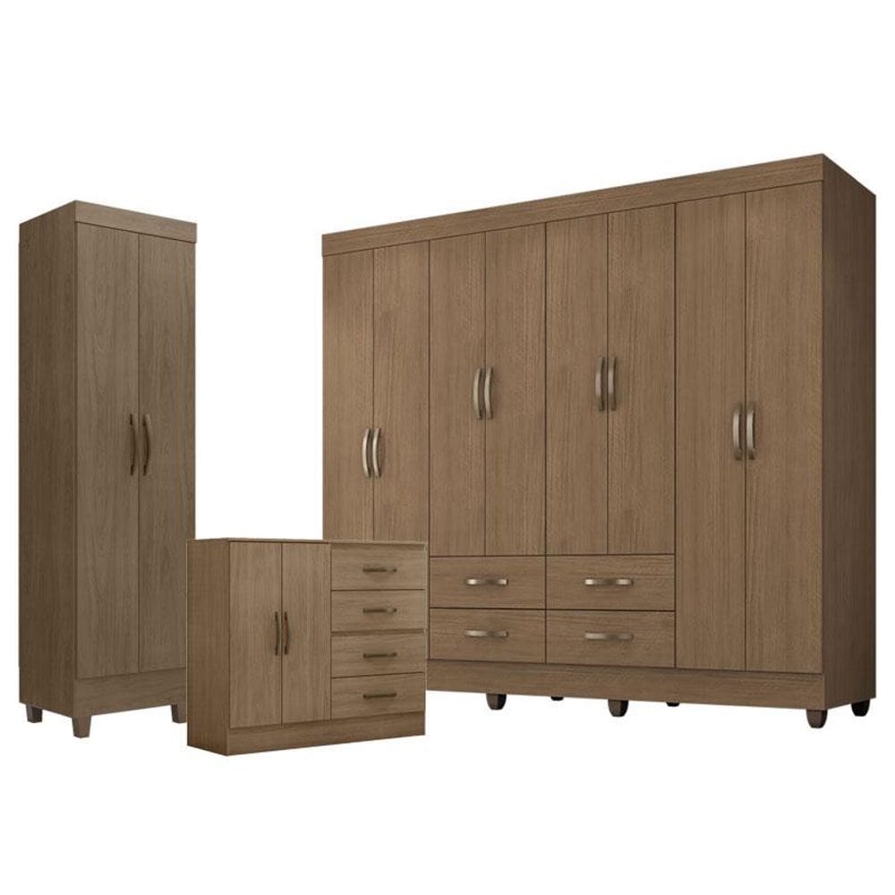 Guarda Roupa Casal Porto com Cômoda 4 Gavetas 2 Portas e Armário Multiuso Lite Carvalho Oak – Leão