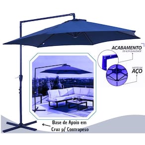 Ombrellone Guarda Sol Lateral Piscina e Praia 3 Metros Bel Veneza Azul com Base de Apoio e Manivela de Abertura