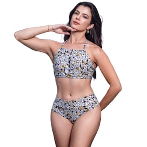 Biquini Cropped Estampa Margarida Top Bojo de Amarrar Costas Pescoço Calcinha Hot Pants Poliamida