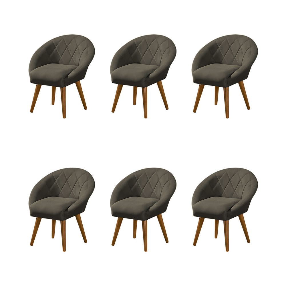 Kit 6 Poltronas Decorativa Canastra Estofada Linho Marrom Café Pés Palito em Madeira Maciça