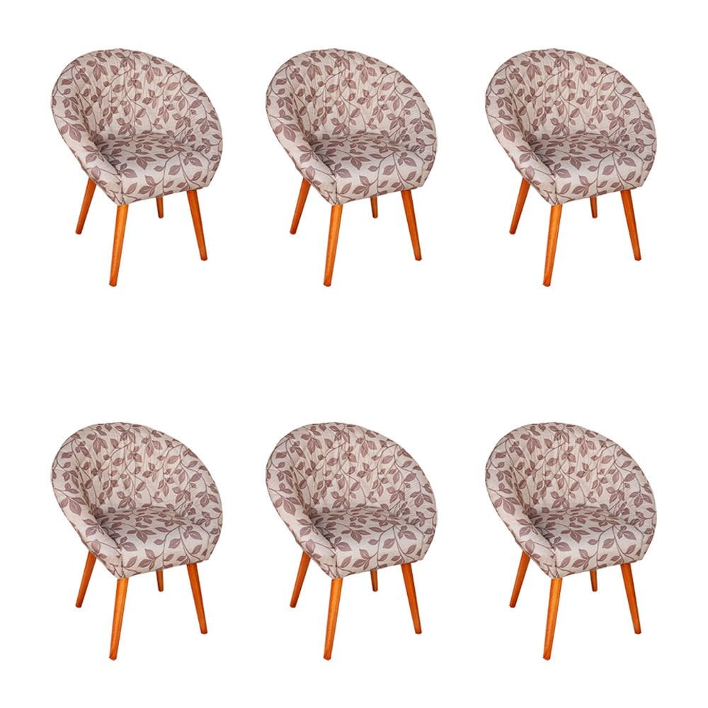 Kit 6 Poltronas Decorativa Canastra Estofada Veludo Floral Marrom Pés Palito em Madeira Maciça