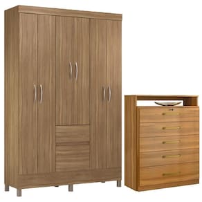 Kit Guarda Roupa Solteiro 6 Portas Flash Ii Cômoda Triunfo Amêndola Touch