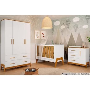 Quarto De Bebê Completo Guti Peças (1 Guarda Roupa + 1 Berço + 1 Cômoda) Branco-amendoa - Peroba