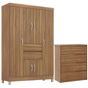 Kit Guarda Roupa Solteiro 6 Portas Ecom Ii Cômoda Atria Amêndola Touch