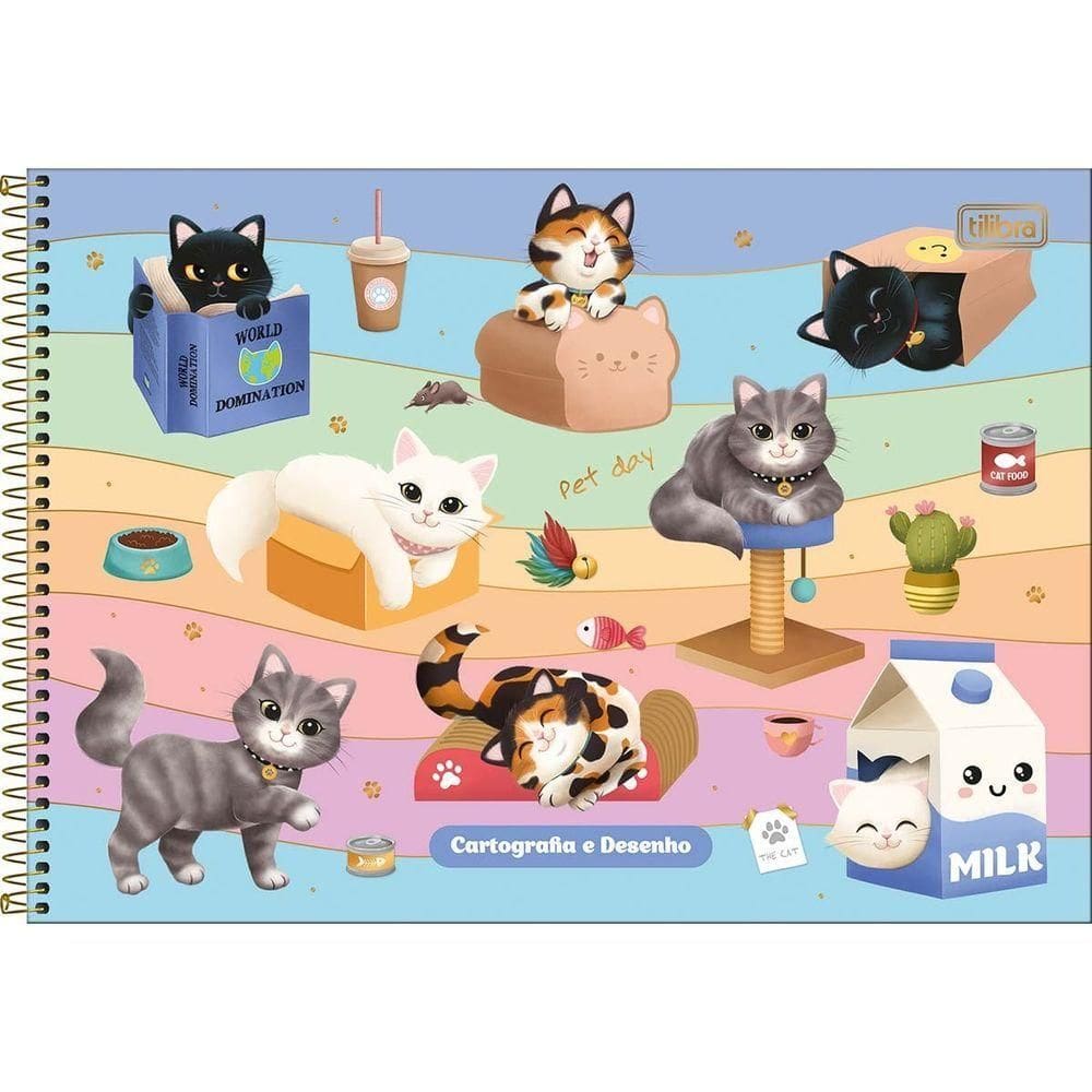 Caderno De Desenho Purrfect Cats Tilibra Capa Dura Espiral - 80 Folhas Fundo Colorido