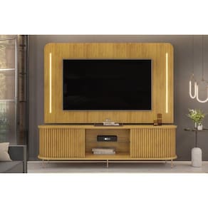 Rack Bancada C/ Painel P/ Tv Até 75 Pol Atlas Ripado 2 Portas 218x62cm Cedro - Dj Móveis