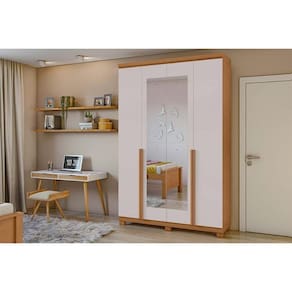 Guarda Roupa Casal 4 Portas (2 C- Espelho) E 2 Gavetas C- Pés Alonzo Amendoa-off White - Lopas