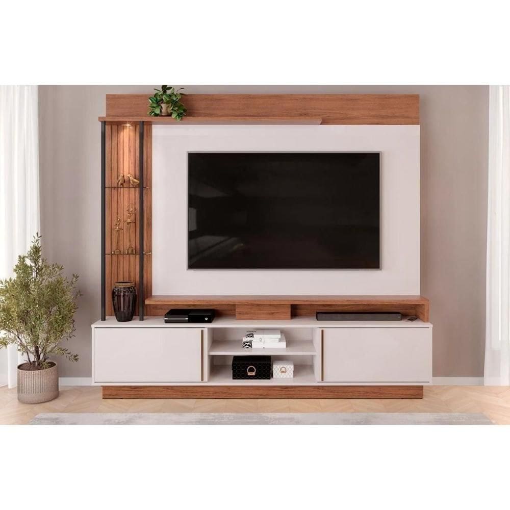 Rack Bancada C/ Painel P/ Tv Até 70 Polegadas Martino Prateleira Nichos E Rodapé 200x185cm Freijó/off White - Dj Móveis