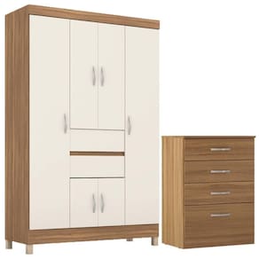 Kit Guarda Roupa Solteiro 6 Portas Ecom Ii Cômoda Astral Amêndola Touch Off White