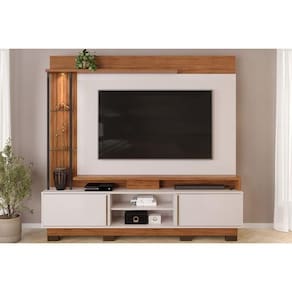 Rack Bancada C/ Painel P/ Tv Até 70 Polegadas Martino Prateleira Nichos E Pés 200x190cm Freijó/off White - Dj Móveis