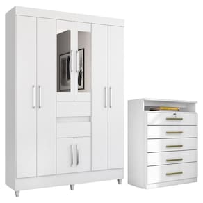 Kit Guarda Roupa Casal Com Espelho 8 Portas Munique Cômoda Triunfo Branco