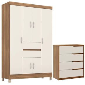 Kit Guarda Roupa Solteiro 6 Portas Ecom Ii Cômoda Atria Amêndola Touch Off White