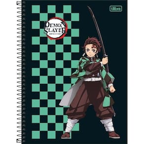 Caderno Universitário Demon Slayer Tilibra Capa Dura Espiral - 10 Matérias 160 Folhas Xadrez Verde