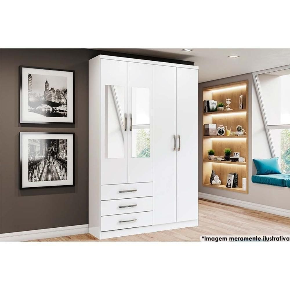Guarda Roupa 4 Portas 4 Portas (2 C- Espelho) E 3 Gavetas Caju Da135 Branco - Henn