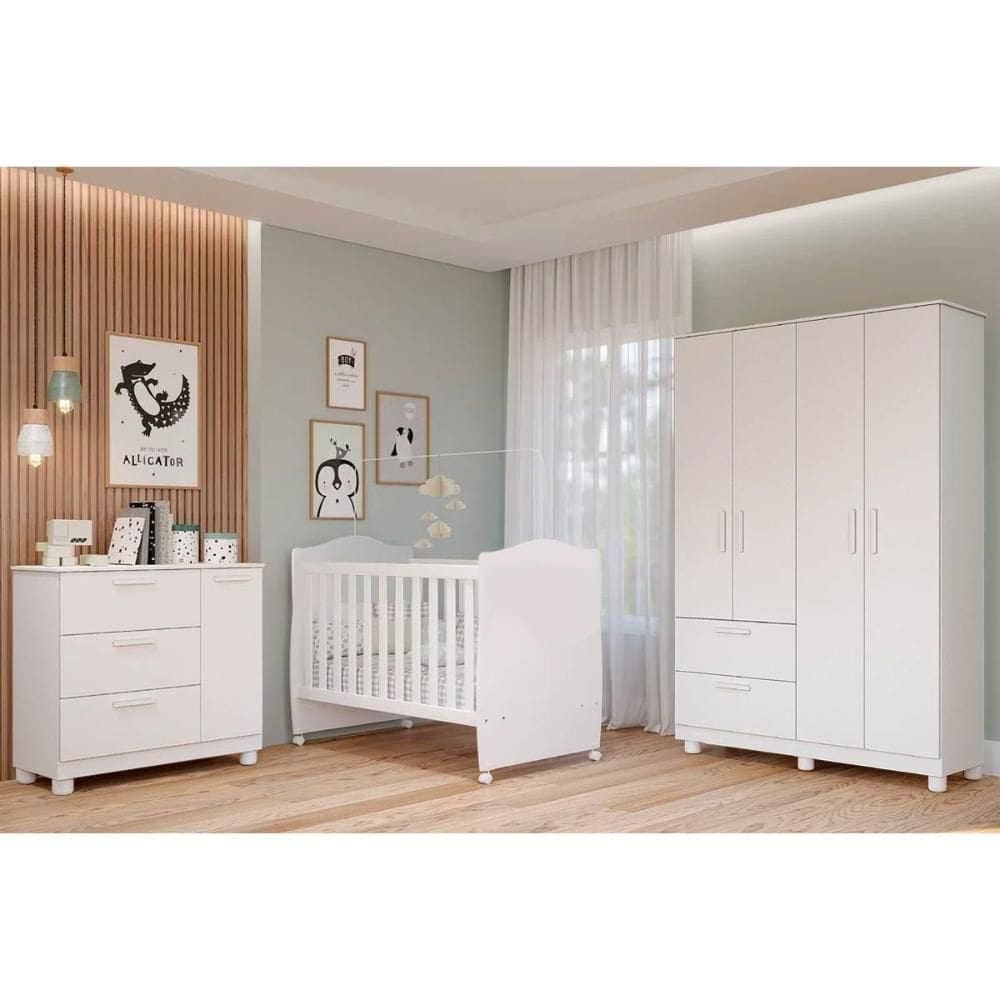 Quarto De Bebê Completo Jujuba 3 Peças (guarda Roupa+cômoda+berço) Branco - Permóbili Baby