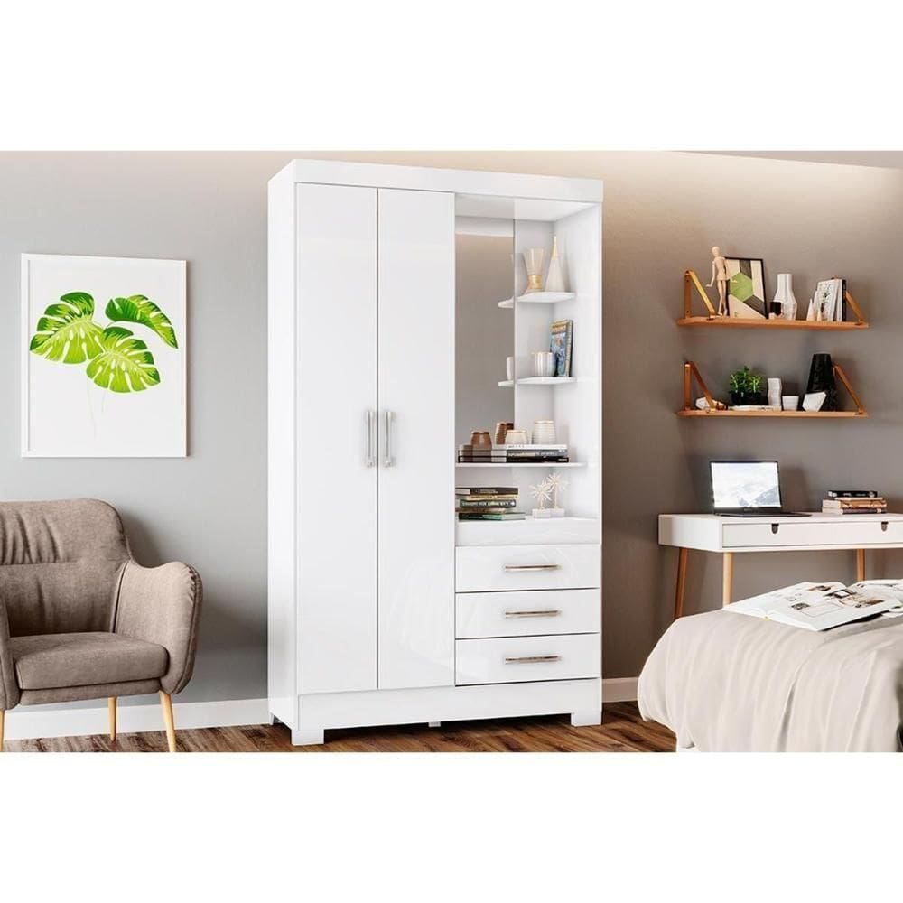 Guarda Roupa 2 Portas 3 Gavetas C- 1 Espelho E Pés Briz B64 Branco - Henn