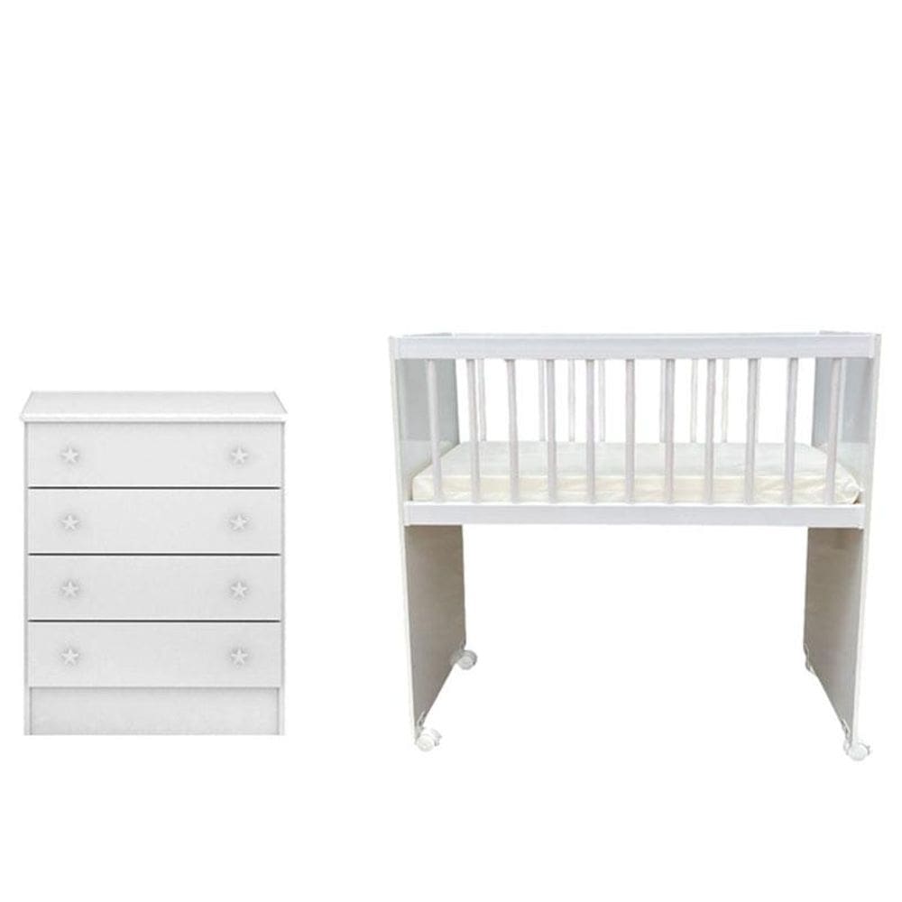 Mini Berço Moisés Alegria e Cômoda Infantil 103 Doce Sonho Branco Brilho - Qmovi