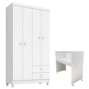Mini Berço Moisés Alegria com Colchão e Guarda Roupa Ternura Baby 4 Portas Branco Flex - Incorplac
