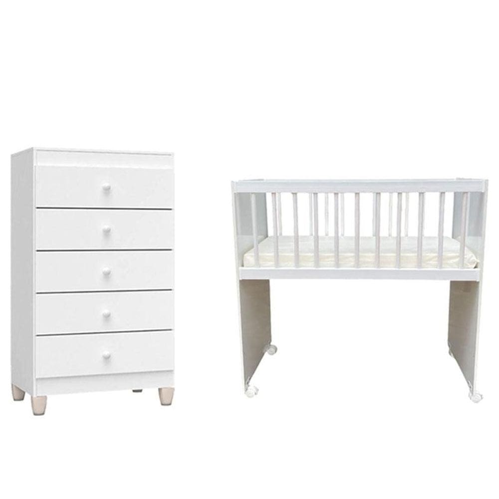 Mini Berço Moisés Alegria com Colchão e Cômoda Gaveteiro Ternura Baby Branco Brilho - Incorplac