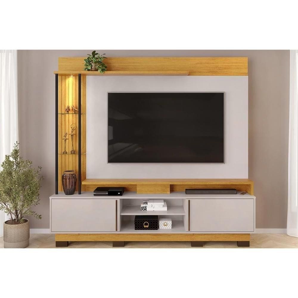 Rack Bancada C/ Painel P/ Tv Até 70 Polegadas Martino Prateleira Nichos E Pés 200x190cm Cedro/bali - Dj Móveis