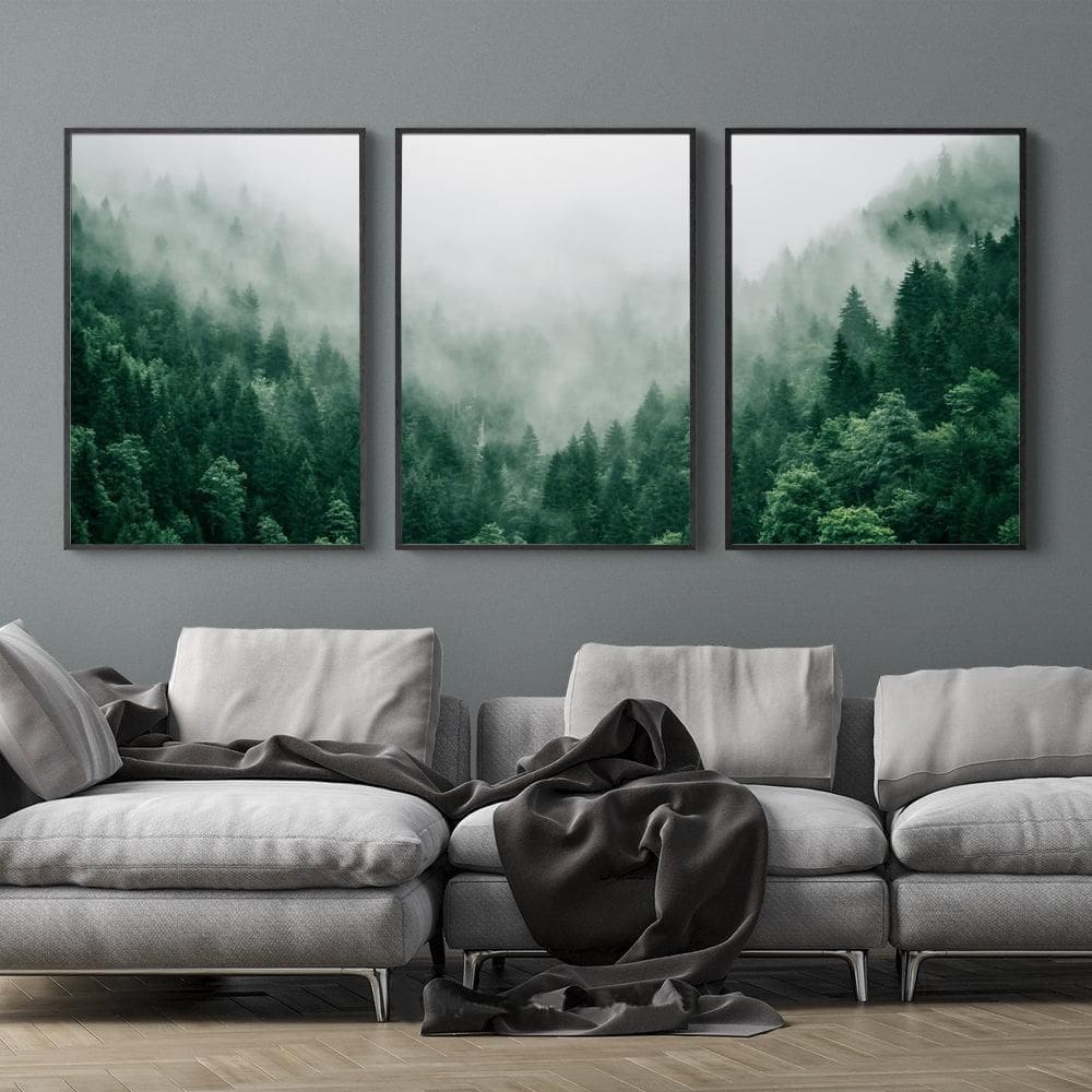 Quadro Decorativo Floresta Verde Neblina 44X64Cm - Kit 3Un