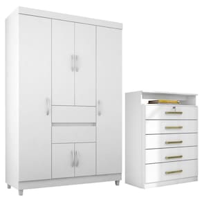 Kit Guarda Roupa Solteiro 6 Portas Ecom Ii Cômoda Triunfo Branco