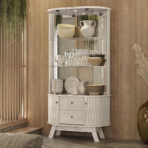 Cristaleira Com Espelho Led 4 Portas 2 Gavetas Moss Calacata Off White