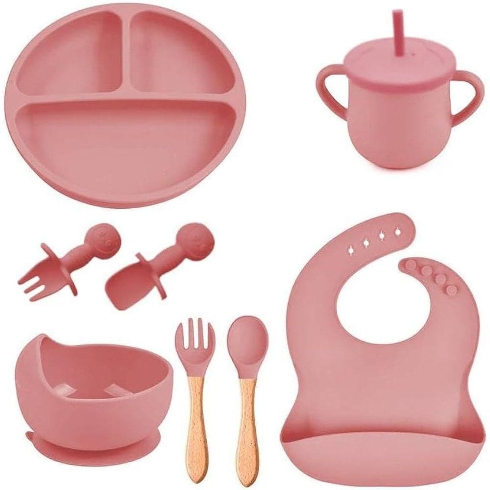 Kit Introdução Alimentar Bebe 8 Peças Silicone Iniciação Para Alimentos Rosa