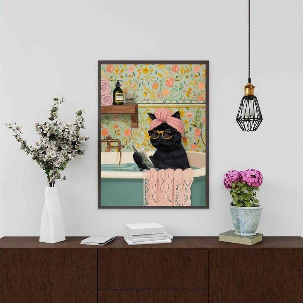 Quadro Divertido Banheiro - Gatinha 45X34Cm - Com Vidro