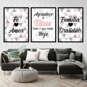 Kit 3 Quadros Fé, Amor, Família Triângulos 60X40Cm Preta