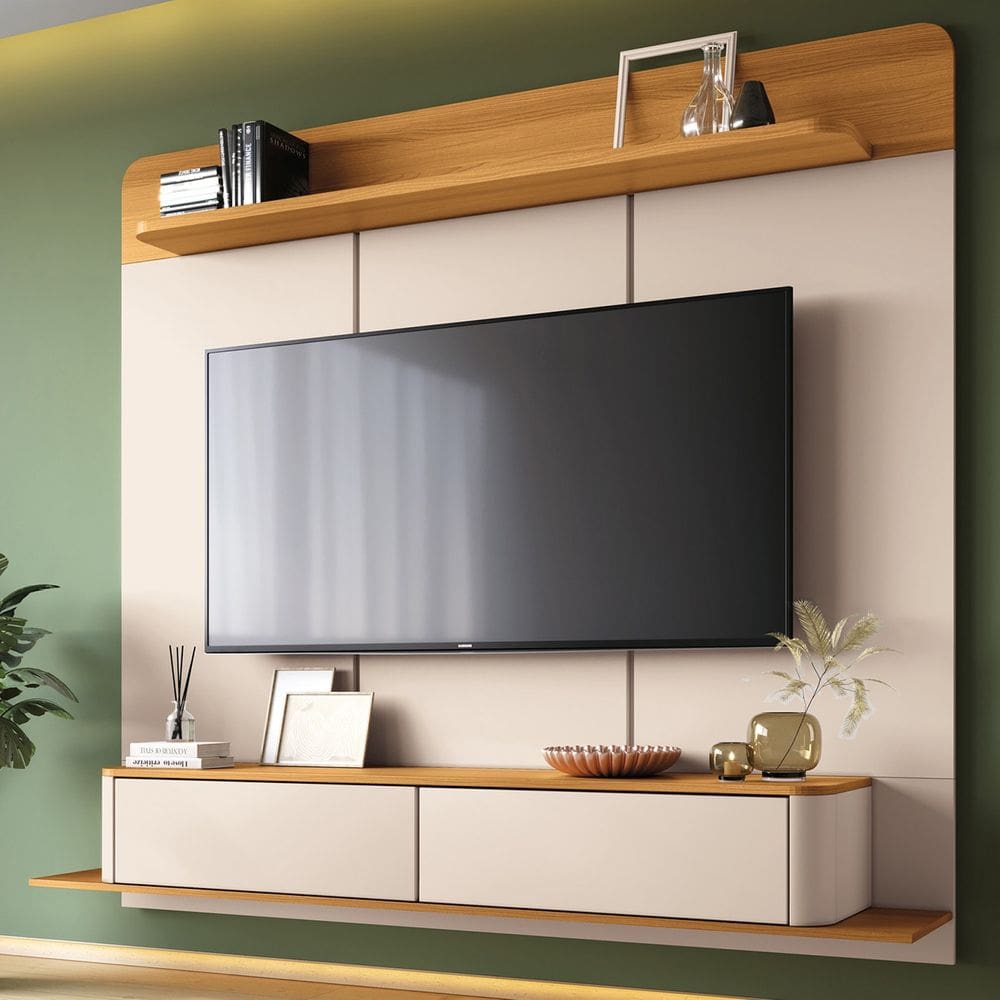 Painel TV 70 Pol 180cm Bancada Suspensa Galax Off/Cinamomo - HB Móveis