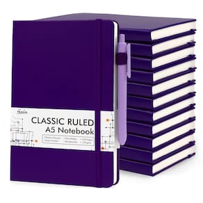 Conjunto de cadernos e diários Feela, capa dura, pautado em A5, roxo, pacote com 12 unidades