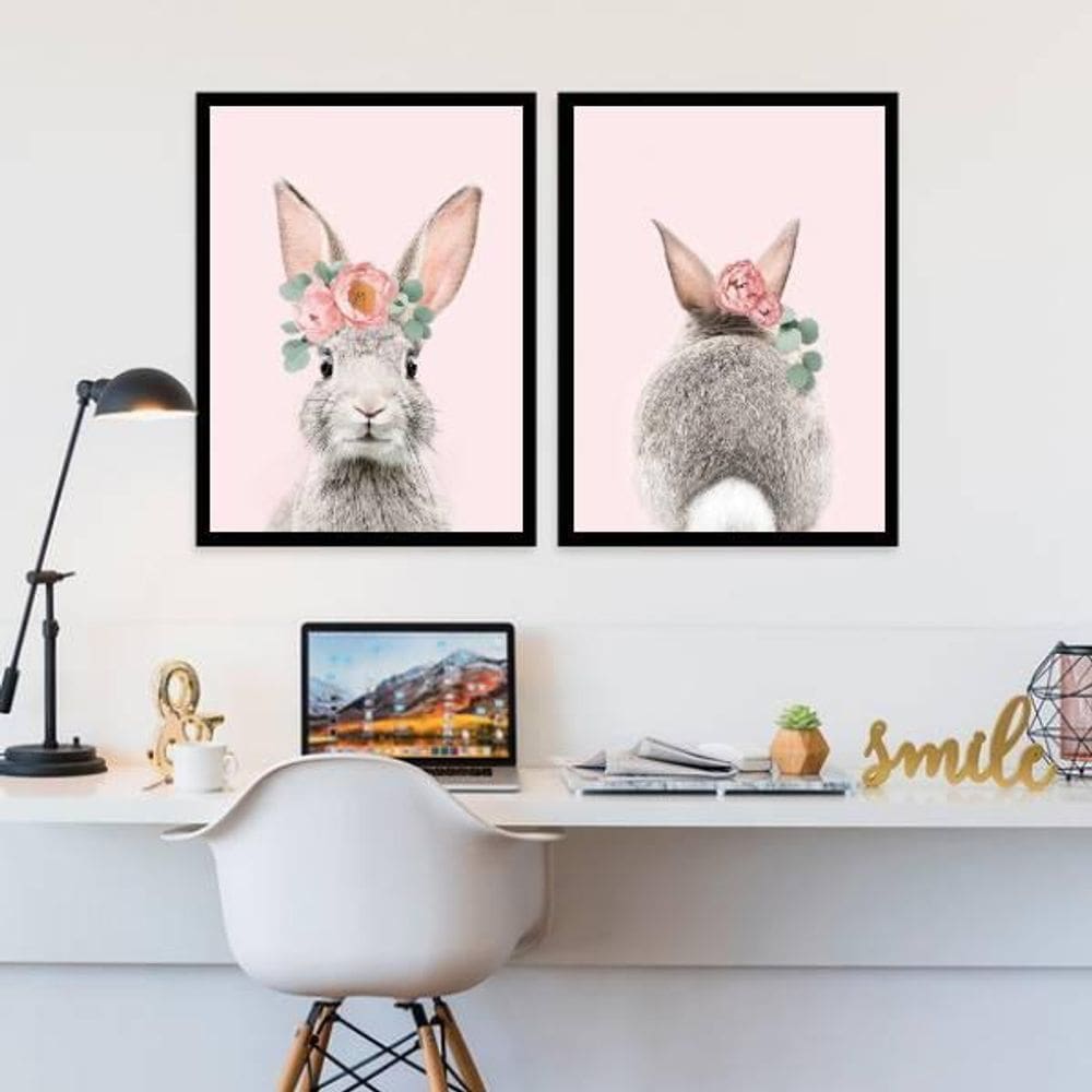 Kit 2 Quadros Coelhinha Floral Rosa 24X18 Com Vidro - Preta