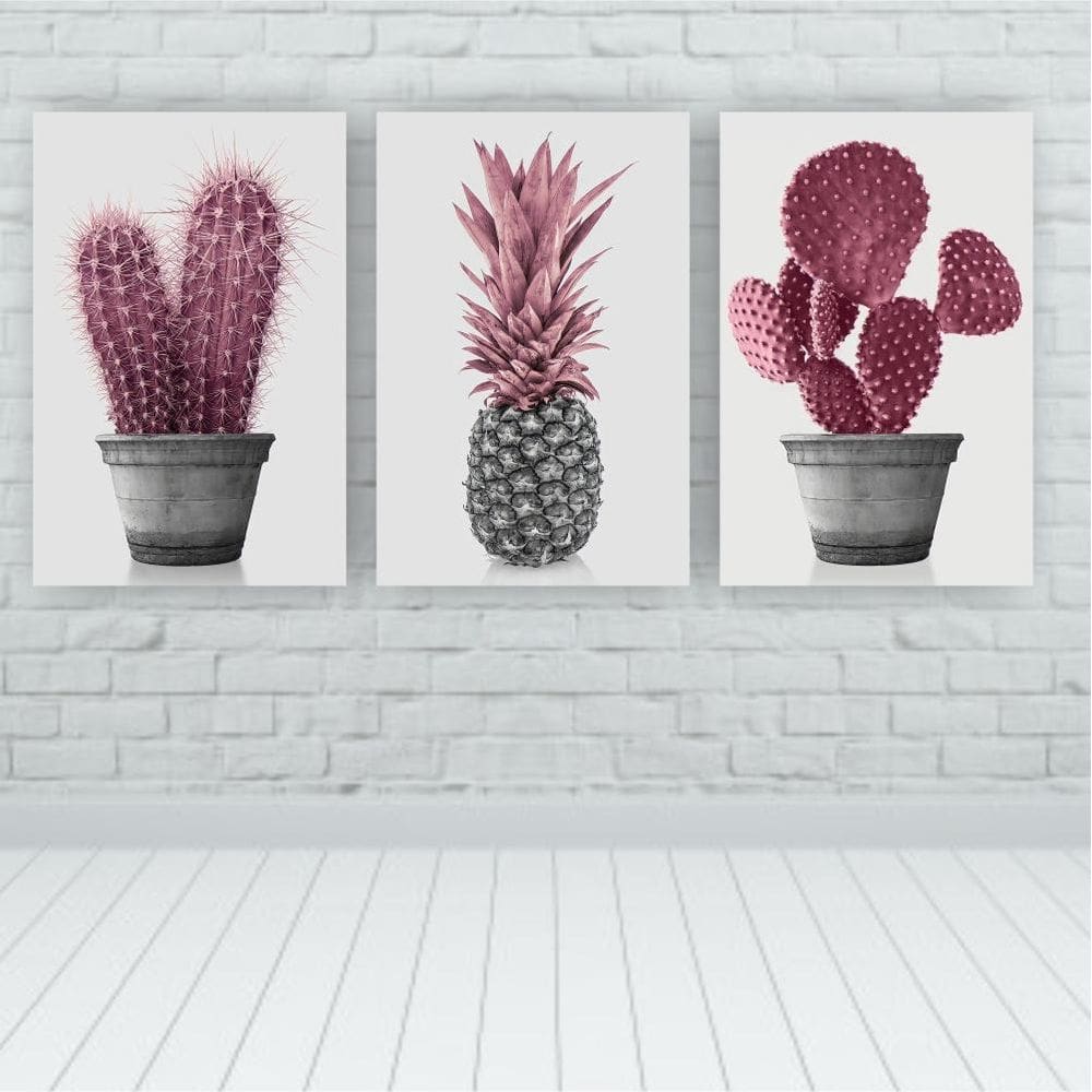 Kit 3 Placas Quadros Decorativos 20X30 Floral Cacto Rosa Mdf