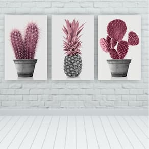 Kit 3 Placas Quadros Decorativos 20X30 Floral Cacto Rosa Mdf