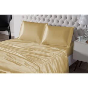 Lençol De Baixo E De Cima Dourado 4 Peças Cetim Queen Seda