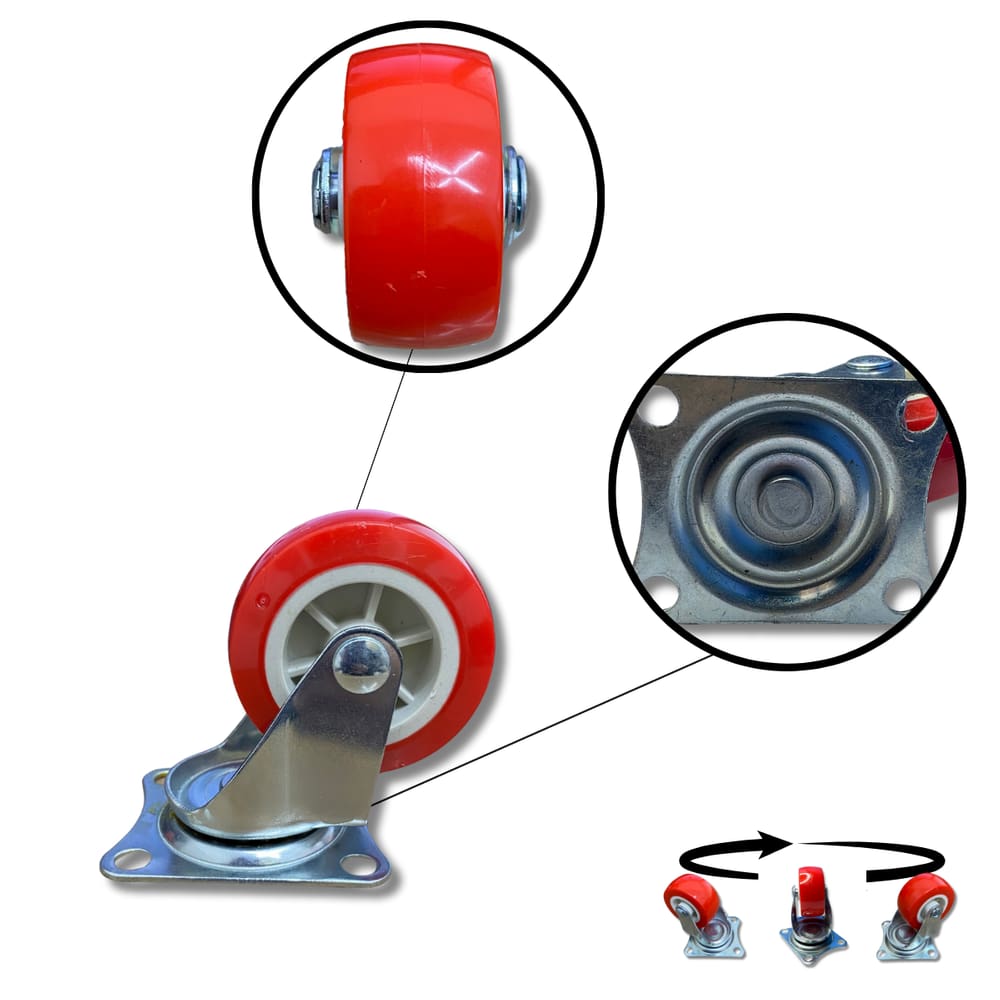 Rodízio Rodinha Giratório Placa Base Aço Roda PP Vermelho Diâmetro 63mm 2,5" Altura 85mm