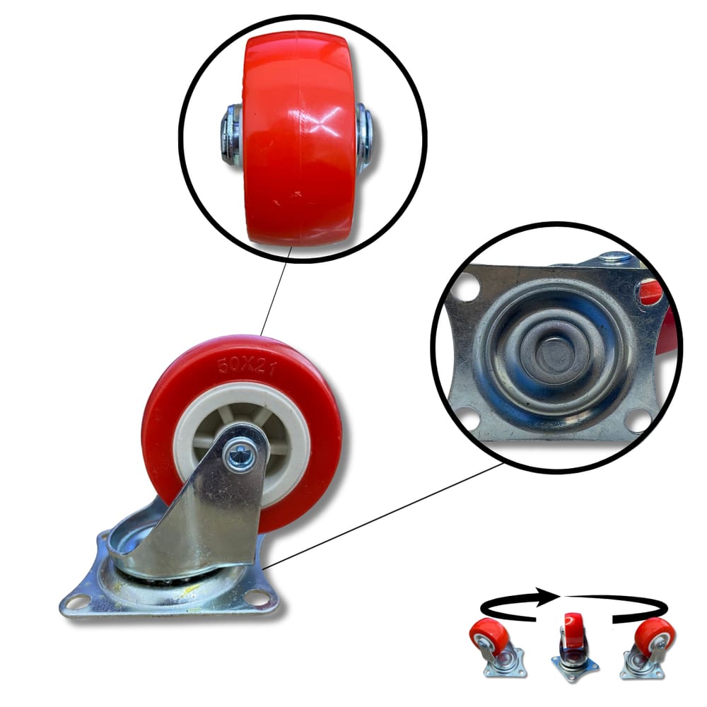 Rodízio Rodinha Giratório Placa Base Aço Roda PP Vermelho Diâmetro 50mm 2" Altura 65mm
