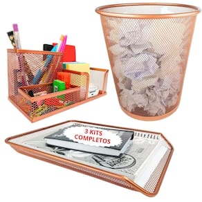 Kit3 Escritório Bandeja Organizadora Lixeira Aramad Rosegold