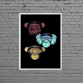 Quadro Três Macacos Sábios 45X34Cm  Madeira Branca