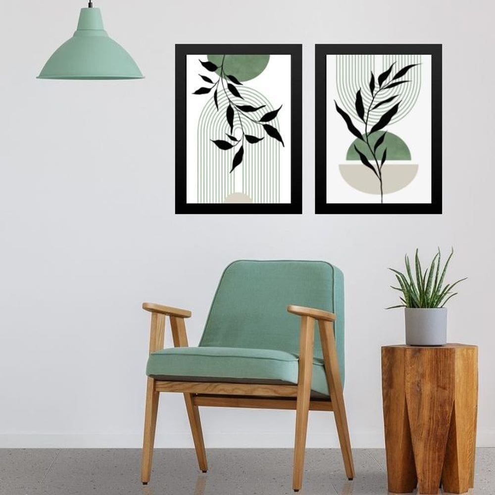 Kit 2 Quadros Modernos Boho Verde Folha 33X24Cm