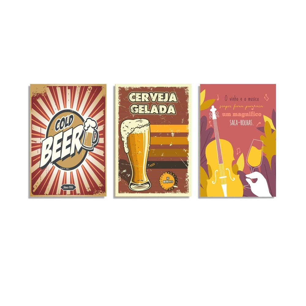 Kit Quadro Decorativo Cerveja 3 Peças Uni 042 20x30cm