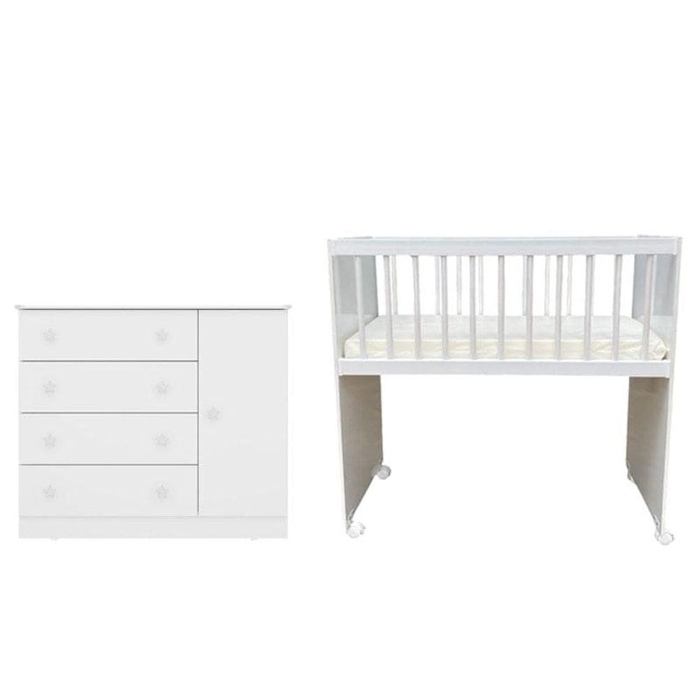 Mini Berço Moisés Alegria e Cômoda Infantil Doce Sonho 2561 Branco Brilho – Qmovi