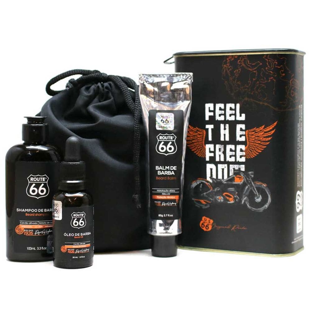 Kit Barba Route 66: Shampoo + Balm + Óleo + Bag + Lata Viking (Consulte Estampa)
