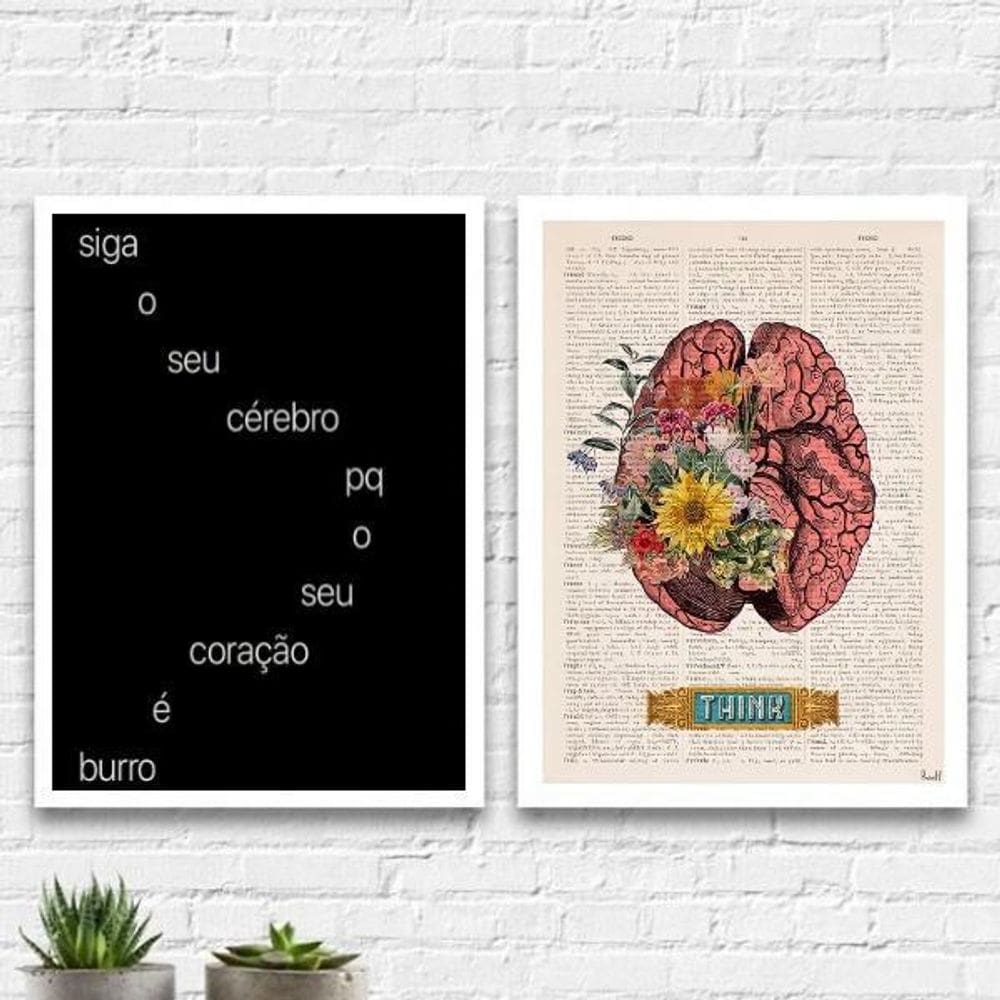 Kit 2 Quadros Siga O Seu Cérebro 45X34Cm Com Vidro - Branca
