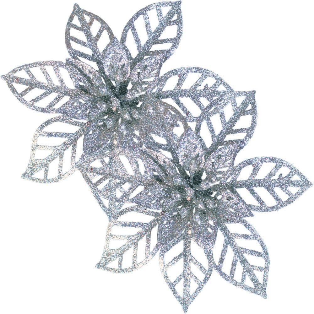 Kit 20 Flores Gliter Prata Decoração árvore De Natal De 14cm