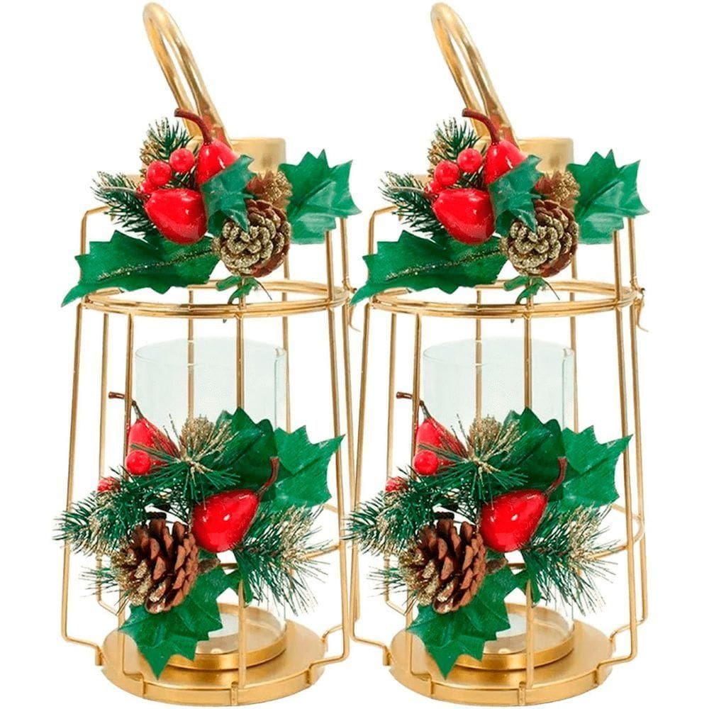 Kit 2 Lamparina Dourada Natalina Em Metal Decorativa De 36cm