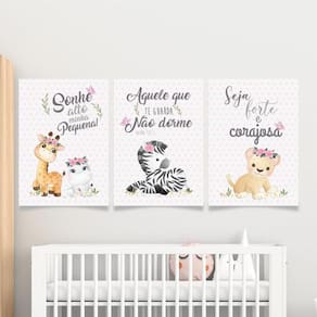 Kit 3 Quadros Safari Baby 60X40Cm Moldura Branca