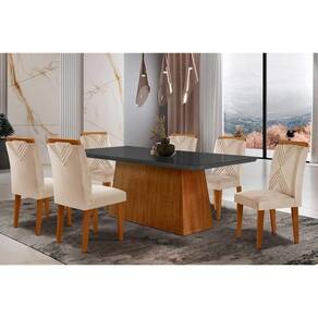 Conjunto Mesa De Cozinha Luna Tampo Madeirado Com Vidro Curvo 180x90 E 6 Cadeiras Amsterdã Imbuia Suede Creme Rufato