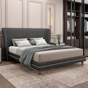 Cama Casal Base Box Pés Madeira 148cm Suném P05 Linho Cinza Escuro - Lyam Decor